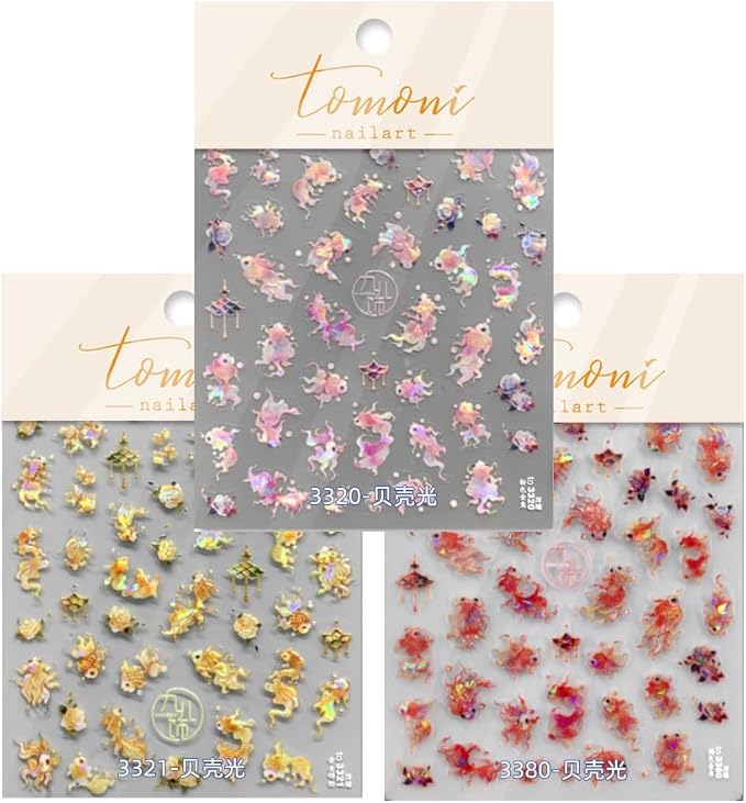 3Sheets Lucky Fish Nail Stickers Gold Pink Laser Chinese Character koi Acrylic Nail Decals for Chinese New Year Tattoo Design Supplies (Fish)