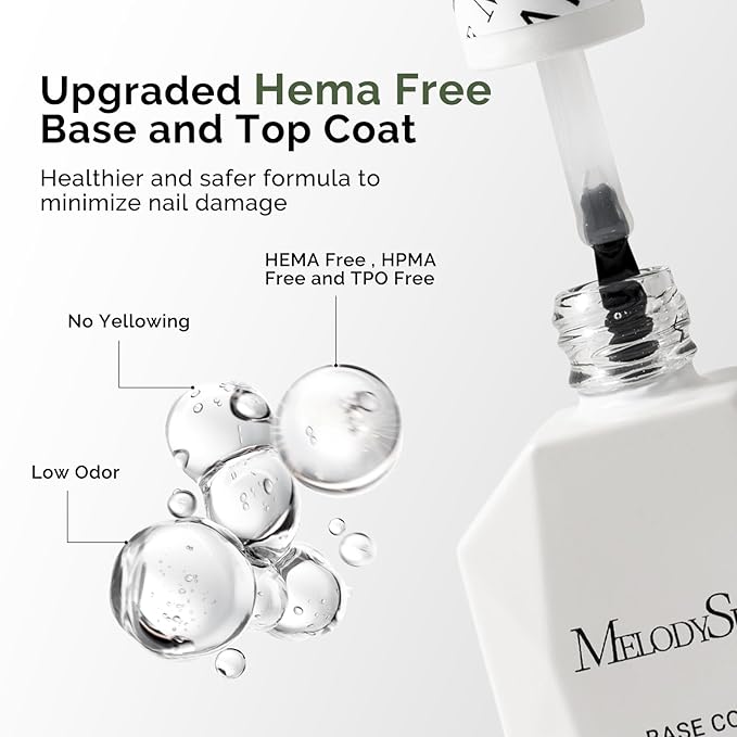 MelodySusie Hema Free Gel Polish Base and Top Coat Set, Tpo Free 2PCS 0.5 Fl Oz Long Lasting Soak Off UV No Wipe Glossy Top Coat and Base Coat for Nail Polish, Nail Art Design Manicure Kit Salon Home