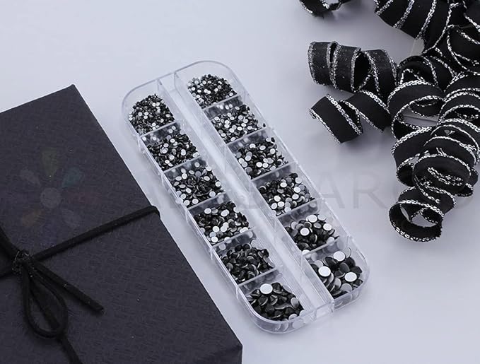 Over 2100 Pieces Jet Black Flat Back Glass Rhinestones Crystals for Nail Art Kit 6 Sizes (1.4mm - 4.8mm)