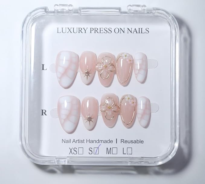10 Short Almond Handmade Press On Nails | Blush Pink & White Snake Print Design with 3D Floral & Gold Accents | Salon-Quality Manicure, Easy Apply/Remove, Reusable & Long-Lasting (251216, S)