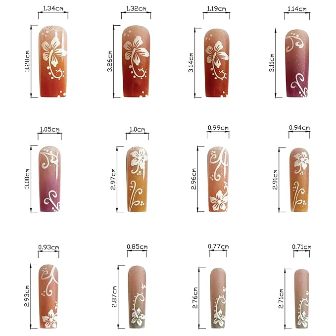 Press on Nails Long Square MABKJLF Summer Fake Nails Rainbow Full Cover False Nails with White Flower Designs Glossy Stick on Nails Artificial Acrylic Nails for Women Girls 24 Pcs