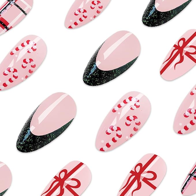 24 Pcs Christmas Press on Nails Short Almond Xmas Bow Fake Nails with Designs French Tip False Nails Line Glue on Nails Full Cover Glossy Artificial Nails for Women Girl Holiday Nail Decoration