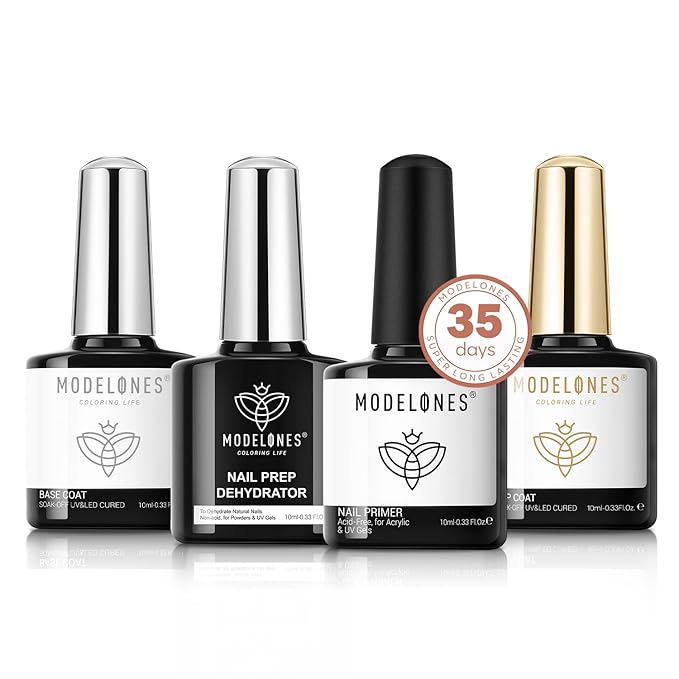 modelones Nail Dehydrator and Primer with Gel Base & Top Coat Set, Acid Free Acrylic Supplies Primer Glossy Gel Nail Polish Nail Thickening Solution Top Coat (Pack of 2)