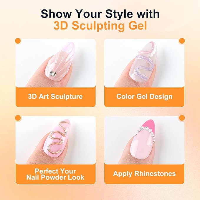 JODSONE Clear 3D Gel Nail Art - 15g No Wipe Crystal Clear Sculpting Gel for DIY 3D Nail Art Design, Texture Molding & Rhinestone Decoration