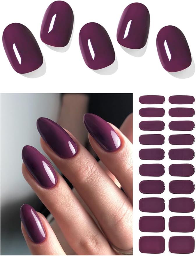 Semi Cured Gel Nail Strips (Eggplant), 20 Pcs Gel Nail Wraps, Stickers, Fall, UV Light Required, Salon Quality
