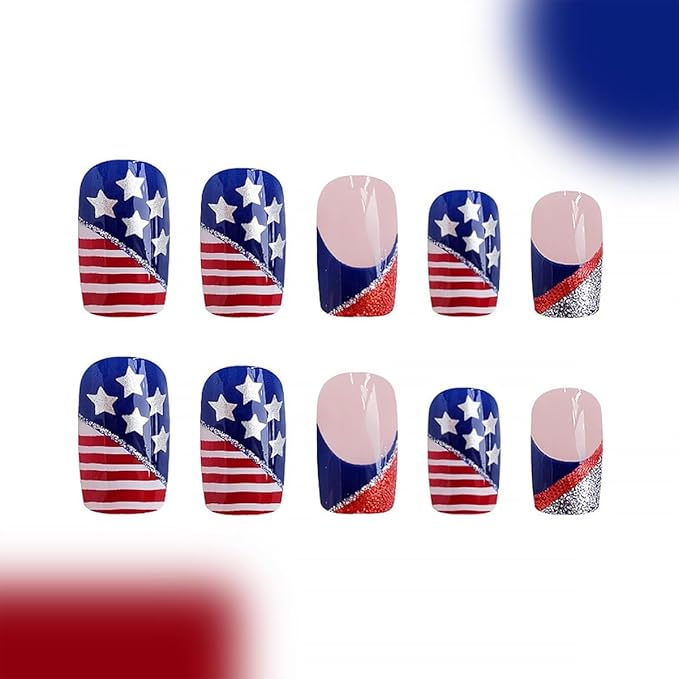 24Pcs 4th of July Press on Nails Short Square French Tip Fake Nails Independence False Nails with American Flag Star Glitter Design Acrylic Day Glue on Nails DIY for Women Decoration