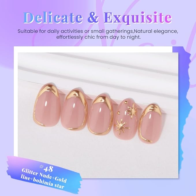 evpct 3D Gold Line French Tip Press On Nails Short Almond with Bohemia Star, Glitter Nude Gold Stick on Gel Nail with Designs, Handmade Press on Nails for Women Gift Reusable, Gel Acrylic Fake Nail