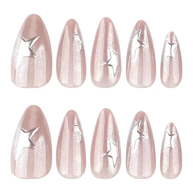 Almond Press on Nails Medium - Glitter Fake Nails with Sliver Star Design - Glossy Bling Full Cover Stick on False Nails for Women Manicure 24 Pcs