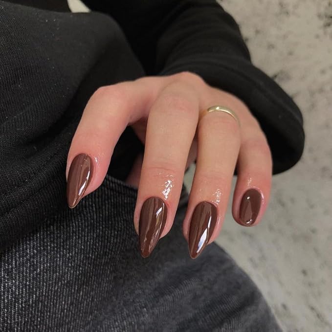 Brown Press on Nails Almond Shaped 48Pcs Neutral Thick Fake Nails for Women, Medium Almond Nails Press on Reusable Acrylic Nails Glue on Medium Length Stiletto False Nails Gel Artificial Nails
