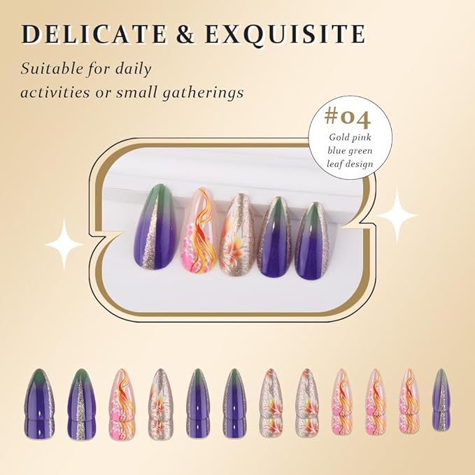 evpct Fall Press on Nails Medium Almond Maple Leaf Design, Purple Blue Green Ombre Sparkle Glitter Silver Glossy Fake Nail Kit for Women Girls, 24Pcs Perfect Fit Reusable Stick on Nail Press ons