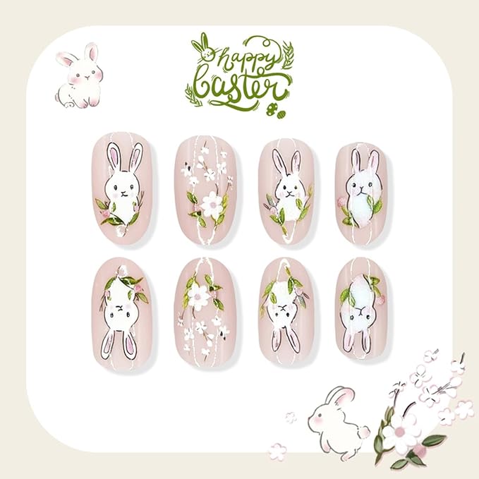 Cute Rabbit Easter Press on Nails - Medium Oval Fake Nails with Spring Flower Designs Pink False Nails Press ons Reusable Full Cover Stick on Nails Easter Nails for Women Manicure 24Pcs