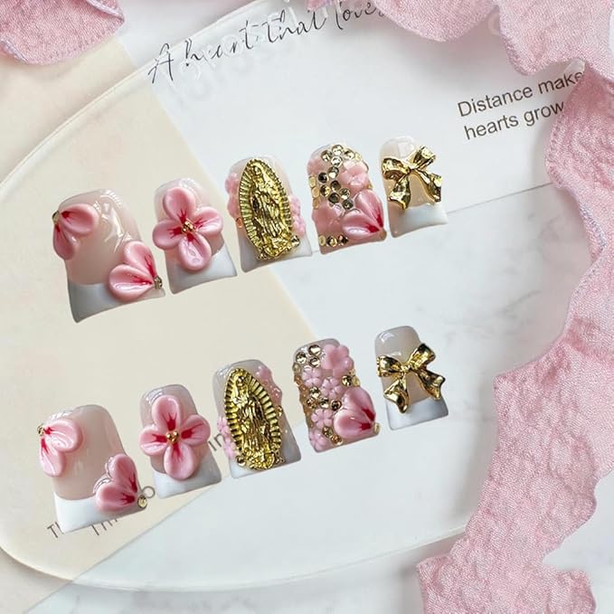 Handmade Press on Nails Short Duck Shaped Fake Nails White French Tip Muti-Layer Gel Fake Nails 3D Rhinestones Bow and Flower Designs Thick False Nails Full Cover Stick on Nails for Women (Size M)