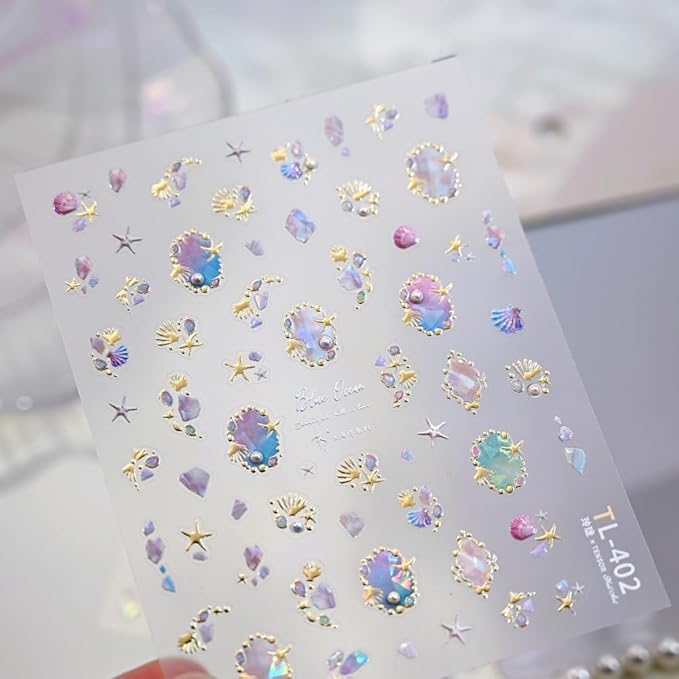 Shell Nail Stickers 3D Self Adhesive Laser Starfish Nail Art Stickers 5D Embossed Aurora Pearl Seashell Nail Decals Ombre Pink Nail Art Supplies Glass Shatters Nail Design for Women Girls 1 Sheets