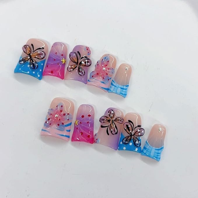 10 Pcs Handmade Press on Nails Duck Medium Fake Nails with Butterfly Flower Shaped Design Acrylic False Nails with Glue,Full Cover Gradient Glossy Glue on Nail for Women（M)