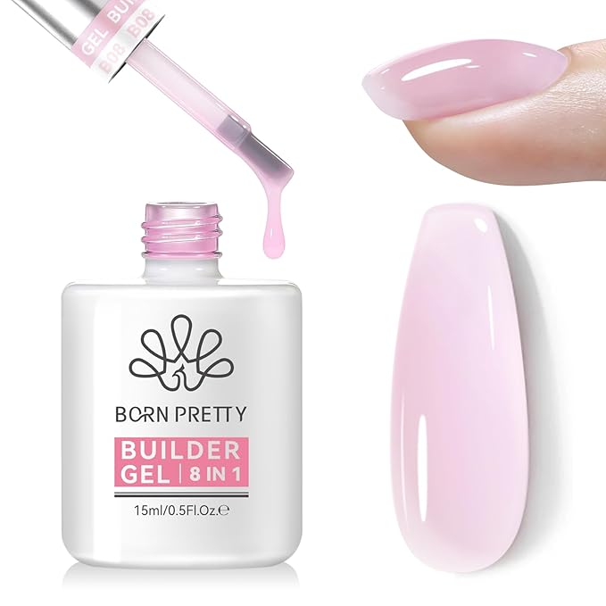 Born Pretty Builder Gel for Nails 15ml,8-in-1 Hard Gel for Nail Extensions, Apex Building, Base Gels & Strengthener,Light Pink Rhinestone Glue for DIY Beginners& Salon