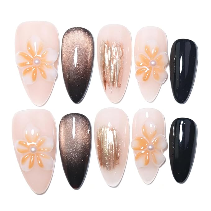 10 Medium Almond Handmade Press On Nails | Edgy Feminine Brown Cat Eye Fake Nails with 3D Floral, Gold Brushed & Black Accents | Reusable Salon Quality (5U05, M)