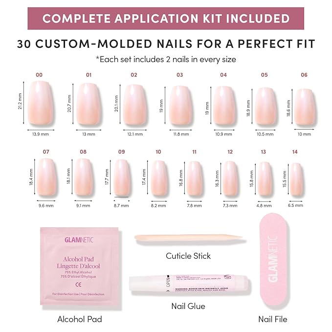 Glamnetic Press On Nails - Delicate Touch | Glazed Medium Coffin Nude Fake Nails with Ombré, Salon Quality Neutral Nails | 15 Sizes - 30 Nail Kit with Glue
