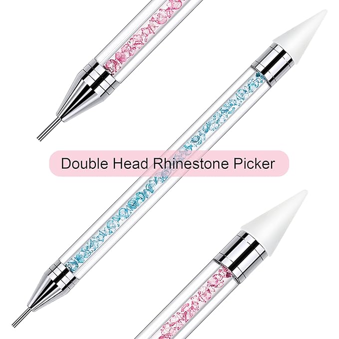 2 Pieces Rhinestone Picker Dotting Pen, Dual-ended Rhinestone Gems Crystals Studs Picker Wax Pencil Pen Crystal Beads Handle Manicure Nail Art DIY Decoration Tool (Light Blue Pink)