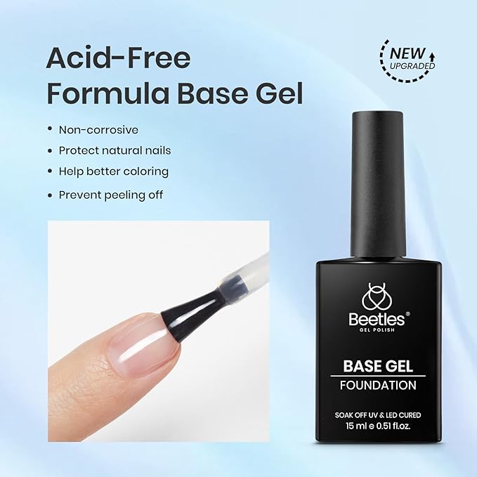 Beetles 4 Pcs 15ml Gel Top Coat and Base Coat Set with Nail Dehydrator and Primer, Professional Nail Prep Acid-Free and Hema-Free Dehydrate Bond Primer Set for Gel Nail Polish