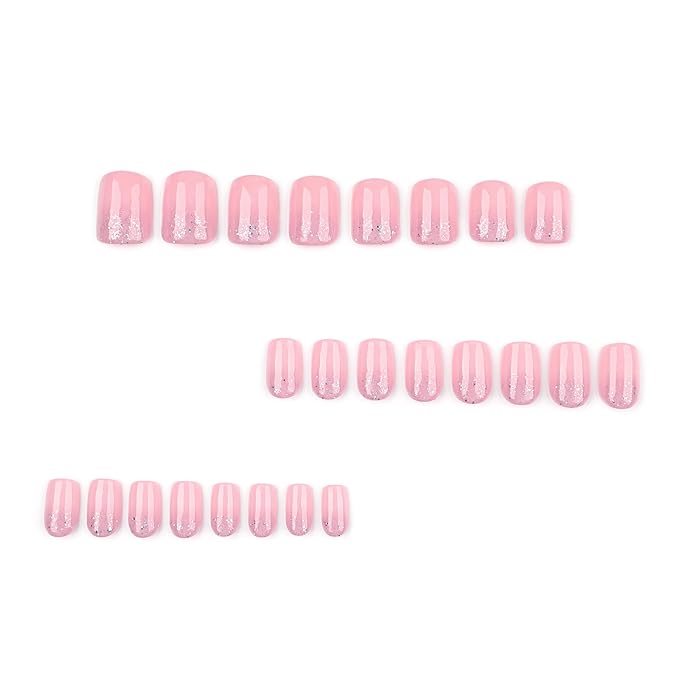 Pink Flash Press On Nails Short Square, Glitter Ombre Design False Nails Short, Reusable Thick Acrylic Gel Stick On Fake Nails with Glue For Women, Salon Quality Nail Kit, Gift for Woman