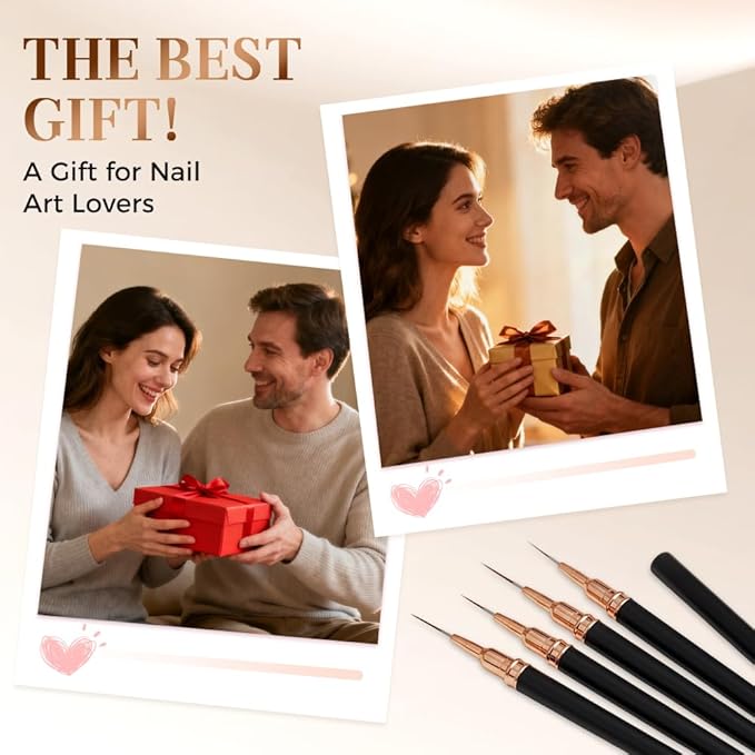 Metallic Nail Art Pens, 2026 New Liner Brushes Set, 5PCS Black Color Nail Tools For Long Lines, Fine Drawing, Liner Brush UV Gel Polish Painting Nail Design Sizes 6/9/11/16/24mm (White)