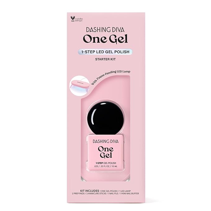 Dashing Diva One Gel Color Starter Kit - Real Black - 3-in-1 Base Coat, Black Nail Color & Top Coat - 8-Piece Manicure Set with LED Gel Nail Lamp