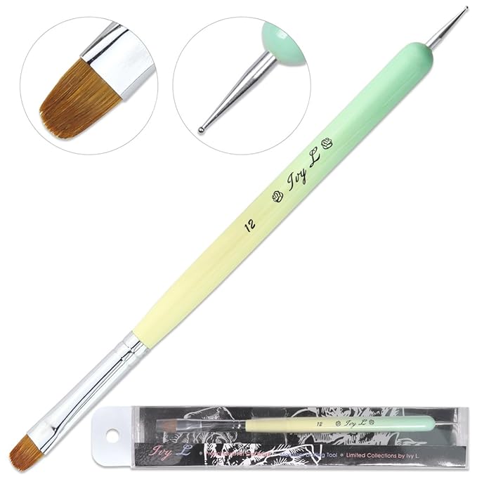 Ivy-L Premium 2 Ways French Gel Acrylic Nail Art Kolinsky Brush with Dotting Tool for Professional Manicure Nail Art Design Cuticle Clean-up + Lime Green Wood Handle (Size 12)