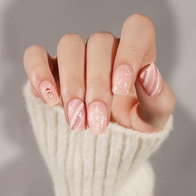 Christmas Semi Cured Gel Nail Strips - 20Pcs Pink UV Gel Nail Wraps with Snowflake & Candy & Elk Design, Long Lasting Salon-Quality Stickers, Includes Nails File & Wooden Stick - UV/LED Lamp Required