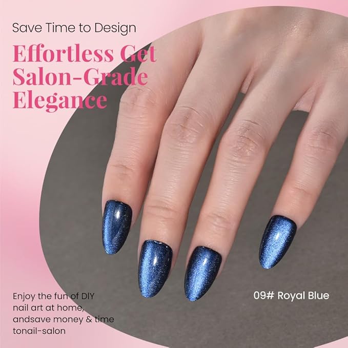 Cat Eye Press on Nails Short Almond, Sapphire Blue & Royal Blue Press on Nails Almond, Fashion Gel Fake Nails, Reusable Acrylic Fake Nails, Glossy Stick on Nails for Women, Glue on Nails Kit.