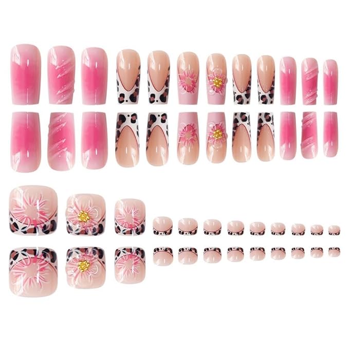 5D Flower Press on Toenails Long Square Press on Nails Leopard French Tips Fake Nails with 3D Floral Design Glossy Ombre Pink False Nails Reusable Summer False Toenails for Women Girls Manicure 48Pcs