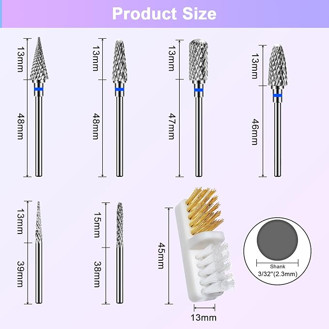CGBE Nail Drill Bits, 6 Piece Nail Drill Bit Grinding Heads Carbide Machine Accessories for Manicure Remove Acrylic or Hard Gel Polygel, 3/32 Inch Professional Bits for Nail Cutter - Medium