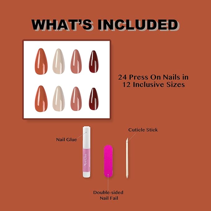 Press On Nails - Autumn Leaf | Assorted Red Design Nails, Medium Almond Nails with Design for Women and Girls, 24 Pcs Reusable Red Fake Nails