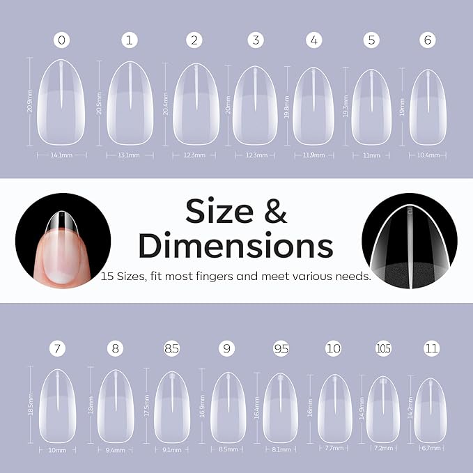 Modelones Short Almond Fake Nail Tips - 510Pcs Gel Tips Pre-shaped Half Matte Full Cover Clear Acrylic Gel Kit False Press on Nails for Extension DIY Salon 15Sizes