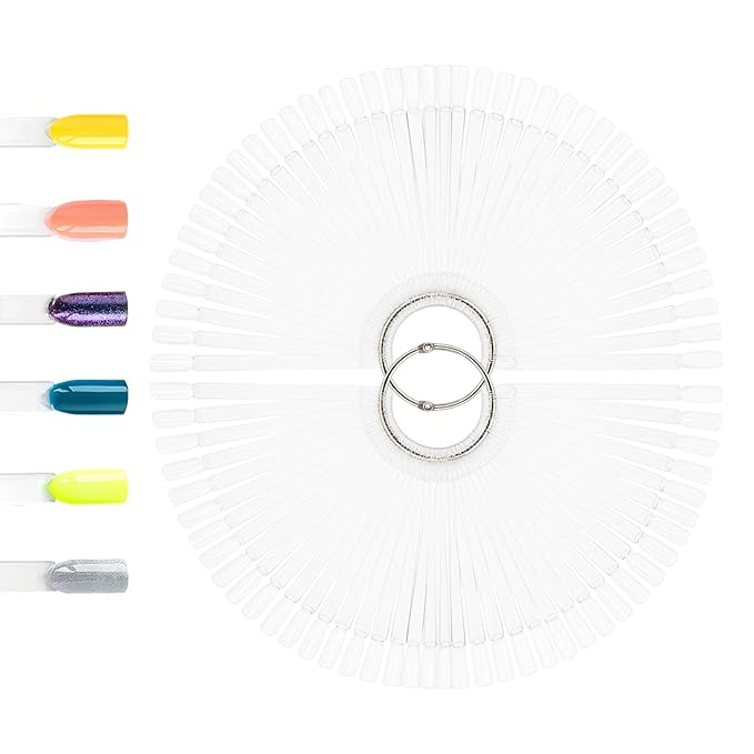 100 PCS Nail Swatch Sticks, Clear Plastic Nail Color Swatches with Metal Ring, False Fake Nail Art Tips Sticks for Gel Polish Display,Practice(Square Nail Sample Fan)