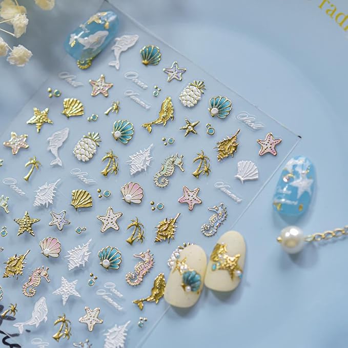 Laser Summer Nail Stickers Gold Starfish Pineapple Nail Art Stickers 3D Self-Adhesive White Dolphin Nail Designs 5D Embossed Ocean Pink Shell Nails Supplies for Women DIY 1 Sheet