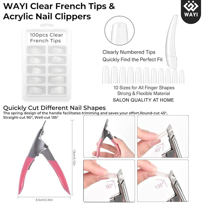WAYI Acrylic Nail Kit with 4 Powders – 10g Each (Pink, White, Nude, Clear), 100PCS Tips, Glitter, Rhinestones, Practice Finger, Nail Tools Set for DIY & Beginners