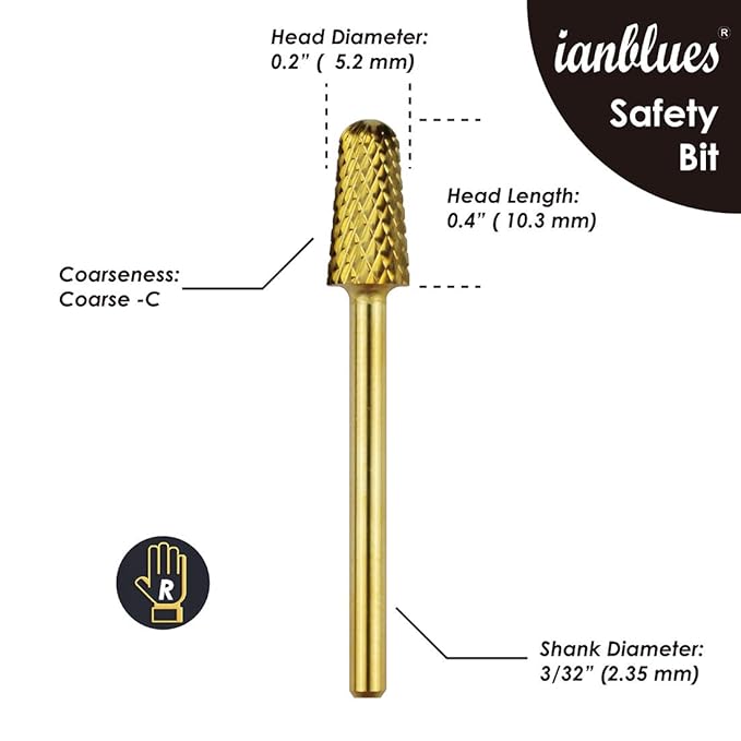 Safety Bit, Nail Drill for Electric Manicure Drill Machine, Fast Remove Nail Gels, Acrylic Gels and Nail Colors (Coarse -C, Gold)