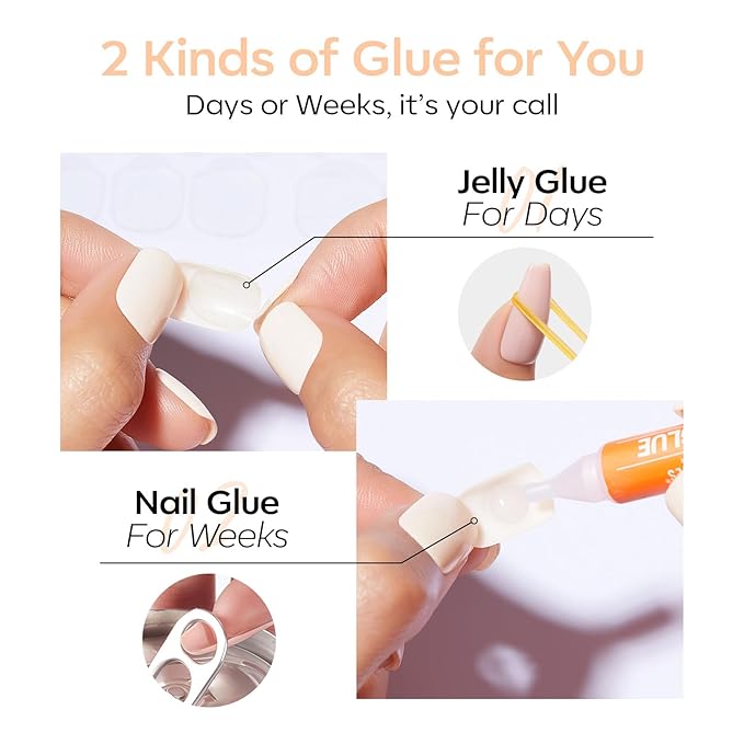 Modelones Extra Short Press on Nails,Sheer White Semi-Transparent Squoval Fake Nails, Reusable Nail Kit with Nail Glue Adhesive Tabs Mini Nail File, Nails Press Ons 32Pcs 16 Sizes, Women Girl Gift