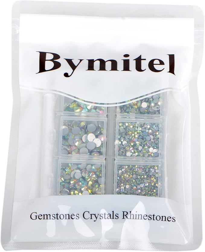 Bymitel 5000 Pieces 6 Mixed Sizes Glue Fix on Glass Rhinestones Round Crystal Gems Flatback for DIY Jewelry Making with one Picking Pen (6-Sizes 5000PCS, Crystal AB)