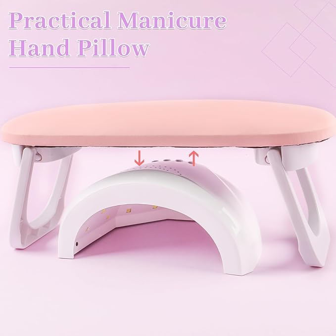 Nail Arm Rest, Professional Foldable PU Leather Nail Hand Rest with PVC Table Mat for Acrylic Nails, Soft Nail Hand Pillow Non-slip for Manicure Salon Use (higher-Pink)