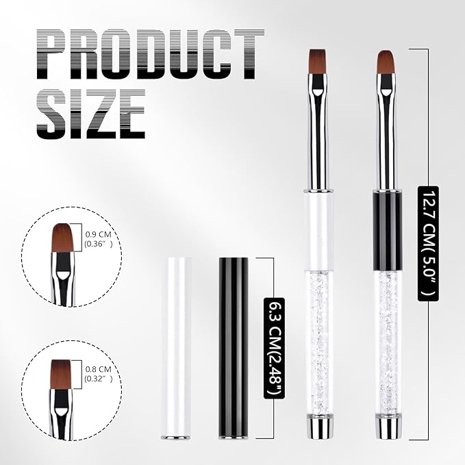 Professional 2Pcs Oval & Flat Nail Brush Set with Rhinestone Handle,Premium Nail Art Brushes for Builder Gel,French Tip Design,and Acrylic Nails (Salon & DIY Use)