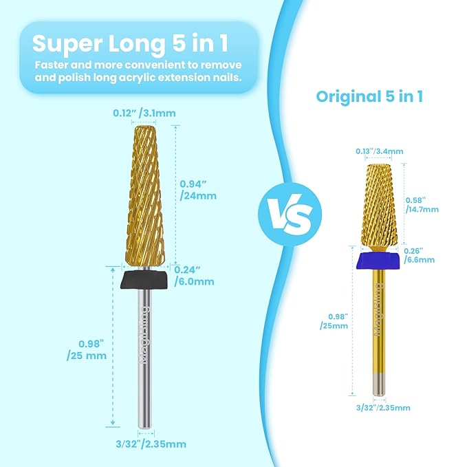 24mm Super Long 5-in-1 Tapered Barrel Nail Drill Bit, 3/32'' Tungsten Carbide E-File Bit for Fast Gel Removal & Long Nail Shaping, Two-Way Rotation Safety Bit for Acrylic Extensions, Extra Coarse