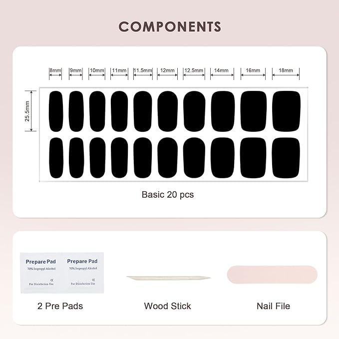 Semi Cured Gel Nail Strips – Real Gel Nail Polish Wraps for Brittle Nails | Waterproof Long Lasting Easy Peel-Off Removal | Hema-Free | 20-Piece Black Salon Kit with UV Lamps