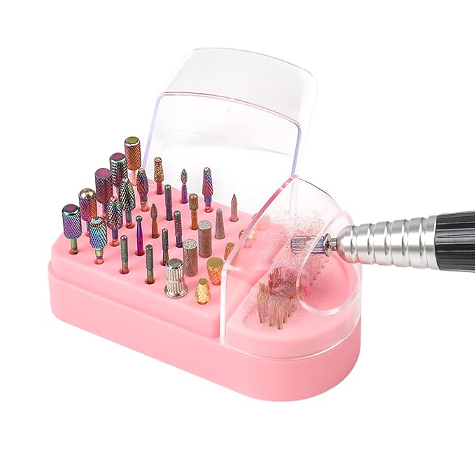 Nail Drill Bits Holder 2 in 1 Nail Drill Bits Cleaning Brush Case, 30 Holes Dustproof Acrylic Nail Drill Holder Storage Box, Nail Drill Bit Holder Stand Displayer Organizer for Home Salon Use (Pink)