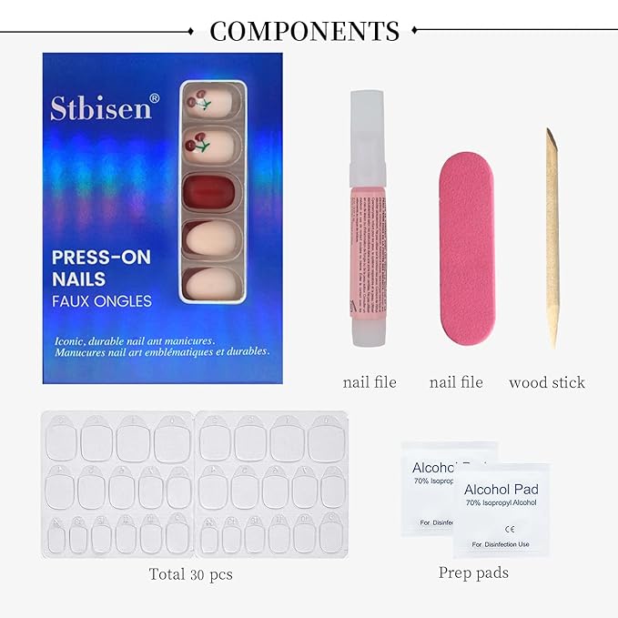 Burgundy French Short Square Press On Nails, Nude Fake Nails with Wine Red French Tips and 3D Cherry Detail, Glossy Gel Finish Acrylic Nails, Fall Reusable Glue On Nails Kit for Women, 30Pcs