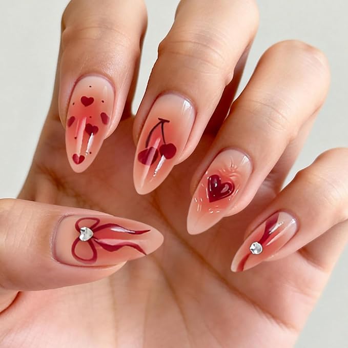 6 Packs (144 Pcs) | Reusable Press on Nails | cute nails | 6-Style Bundle | 12 Sizes | Each Style 24 Pcs | Pink themed bow