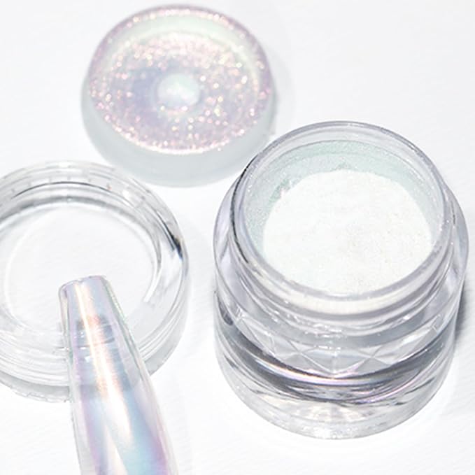 Unicorn Chrome Nail Powder 1g Mermaid Aurora Metallic Mirror Effect Pearl Glitter Pigment for Nails, White Iridescent Nail Chrome Powder for Gel Nails Polish Design with Tool