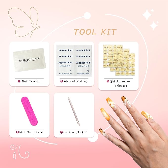 Handmade Square Press on Nails – Orange Ombre Nails with 3D Polka Dot Flowers & Tiger Stripes, Glossy Reusable Stick on Fake Nails for Women, 10pcs Acrylic Nail Set with Tool Kit