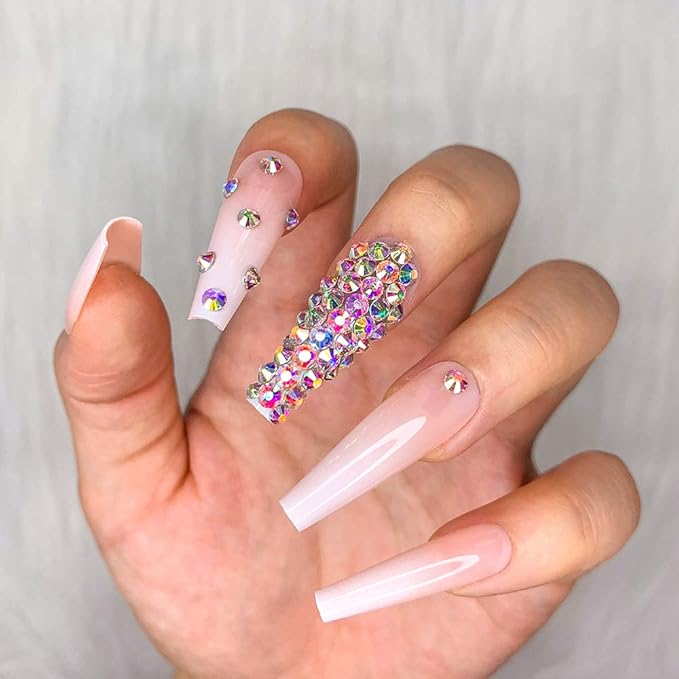 Artquee 24pcs French Nude White Ballerina Diamond Long Glossy Coffin Flash Fake Nails Press on Nail False Tips Manicure for Women