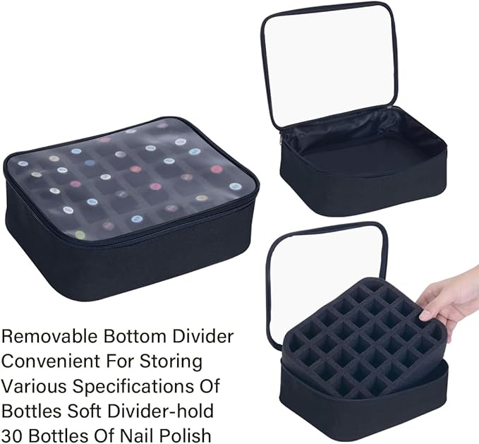 2 Pcs Small Clear Nail Polish Organizer Holds 60 bottles(15ml-0.5fl.oz) Nail Polish Case Multifunctional Nail Polish Bag organizer, Cosmetic Travel Makeup Cases for Women Black